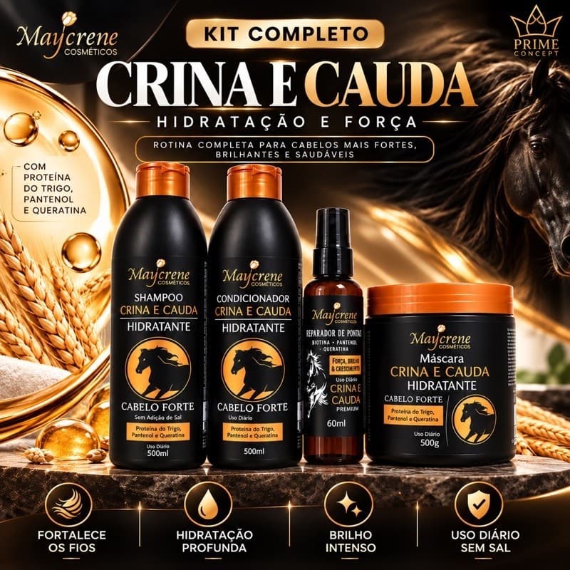 Kit Completo Maycrene Crina e Cauda Hidratante Shampoo, Condicionador, Reparador de Pontas e Máscara