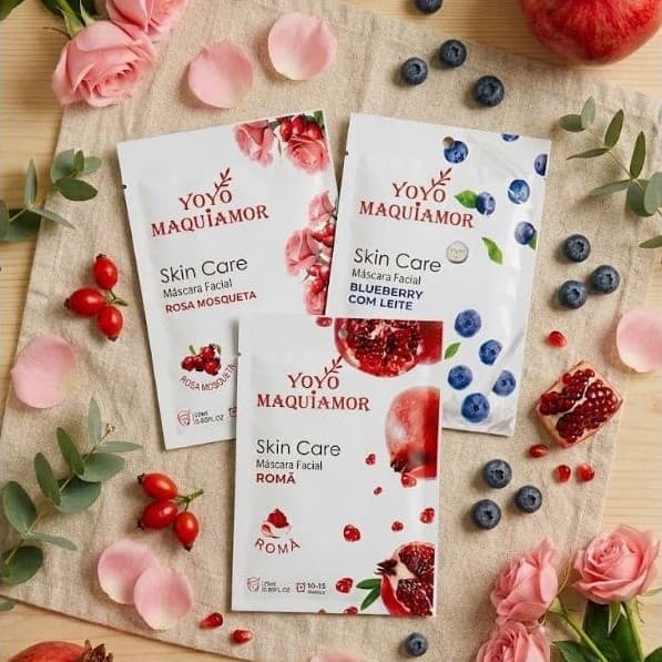 Máscara Facial Yoyo MaquiAmor Kit 1, 3 ou 4 Unid Rosa Mosqueta Blueberry Romã Skincare Anti-idade Hidratante