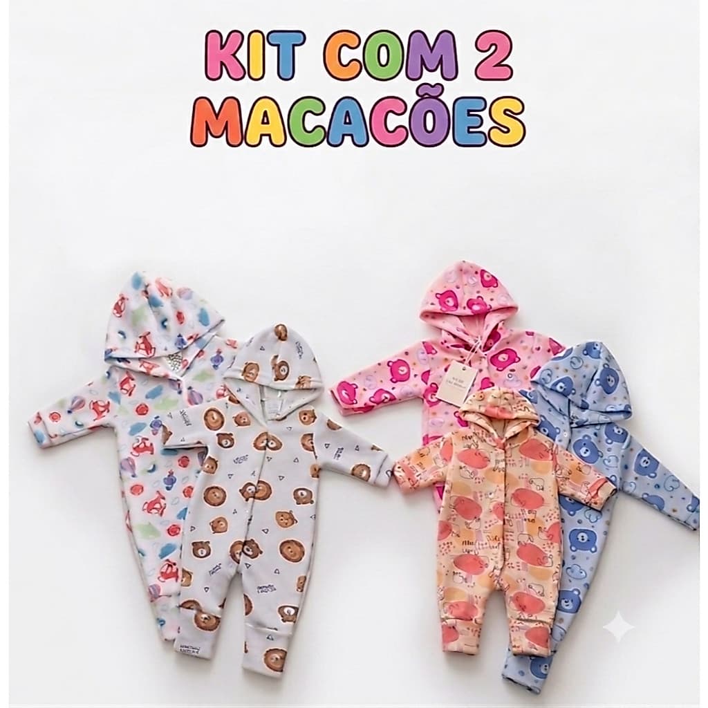 Macacão Bebê Soft com Capuz Fácil de Vestir Soft Com Botões Enxoval Infantil Kit com 2 Macacões