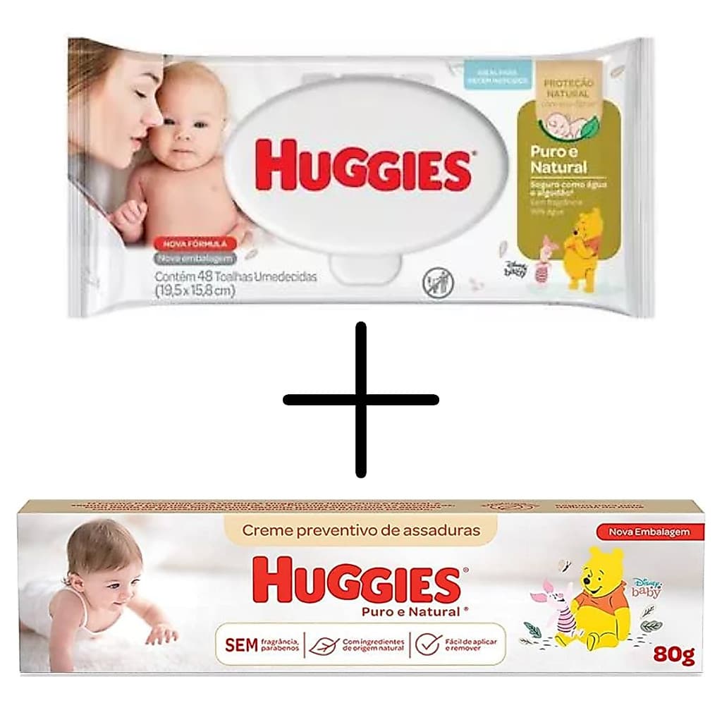 Kit Huggies Puro e Natural- Toalhas Umedecidas 48 unidades+ Pomada Prev Para Assaduras 80g