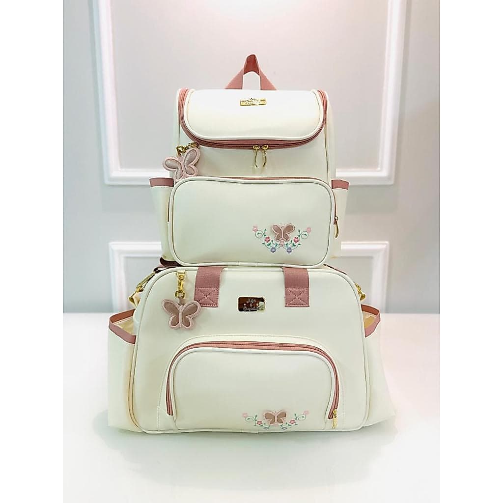 Kit Bolsa Maternidade Mochila de bebe Elen Borboleta Creme Arte e Companhia