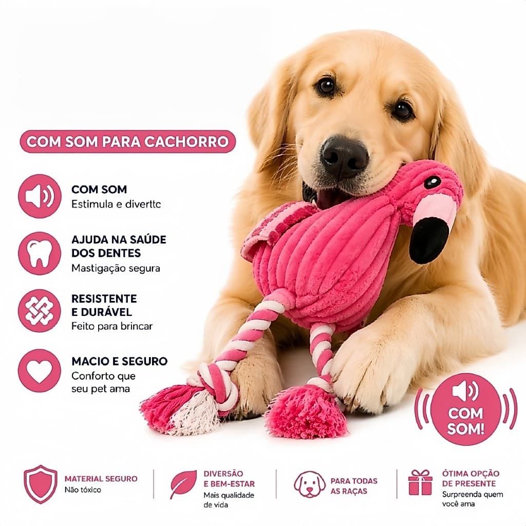 Mordedor Pet Pelúcia Flamingo com Som Brinquedo Interativo para Cachorro Resistente Limpa os Dentes