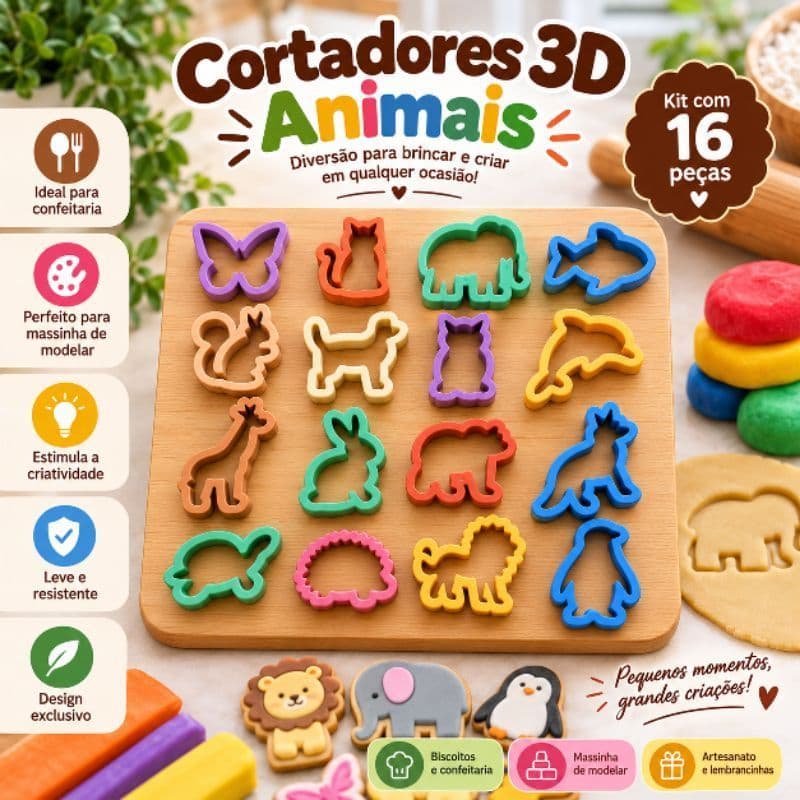 Kit 16 Cortadores Animais para Massinha de Modelar Biscoitos Pasta Americana – Moldes 3D Infantil Confeitaria