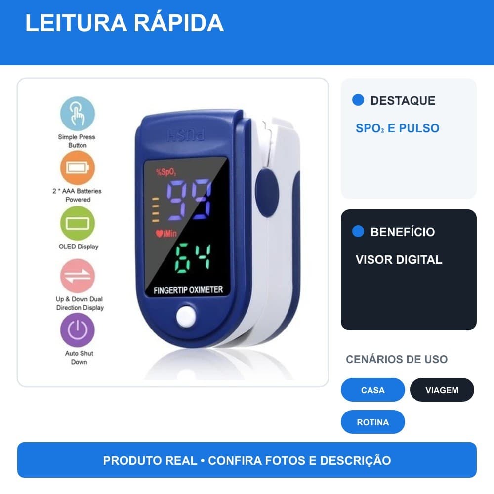 Oxímetro de Pulso Digital de Dedo com Visor para SpO2 e Frequência Cardíaca