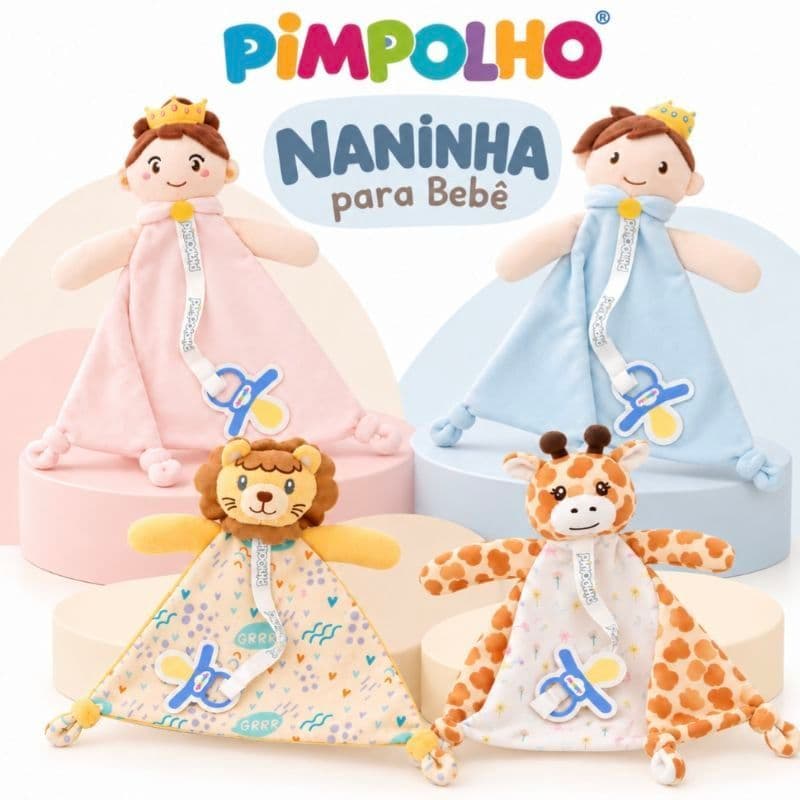 Naninha para Bebê Pimpolho com Prendedor de Chupeta Bichinho Princesa Principe Paninho de Apego Original PIMPOLHO