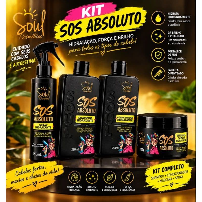 kit capilar ,S.O.S absoluto soul cosméticos, kit com 4 itens: shampoo, condicionador , máscara e spray hidratante