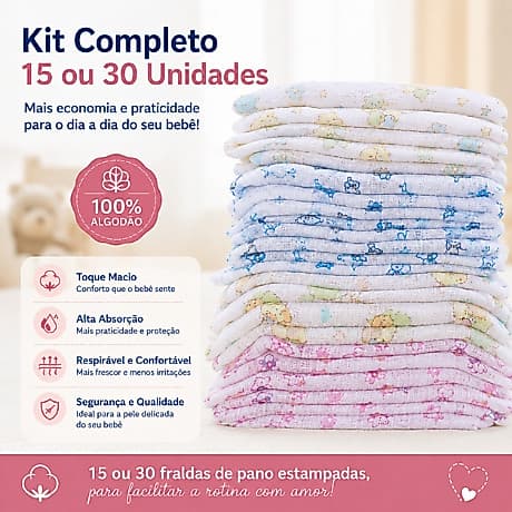 Kit com até 30 Unidades Fralda De Pano Bebê Minasrey 100% Algodão Macia Enxoval Infantil