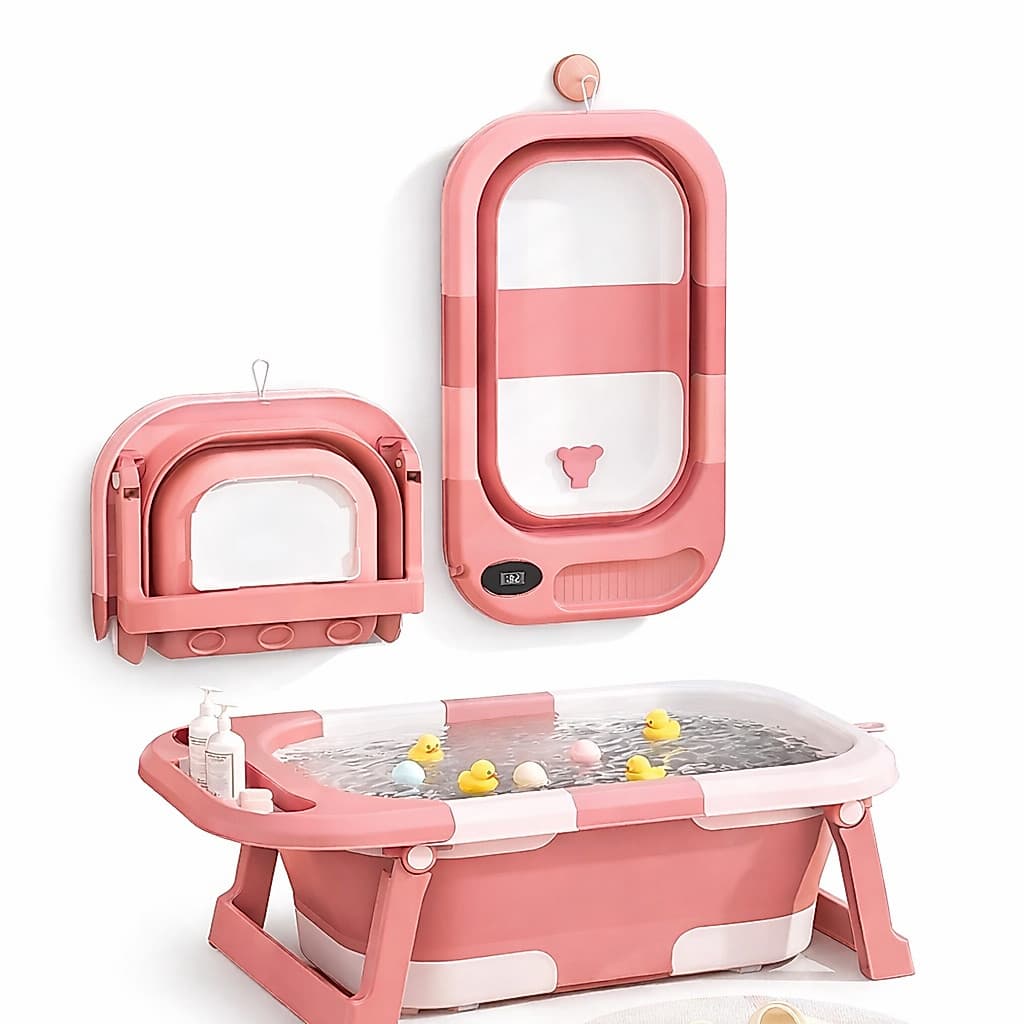 Banheira Bebê Dobrável ROSA Portátil com Termômetro Segurança Banho Infantil Compacta