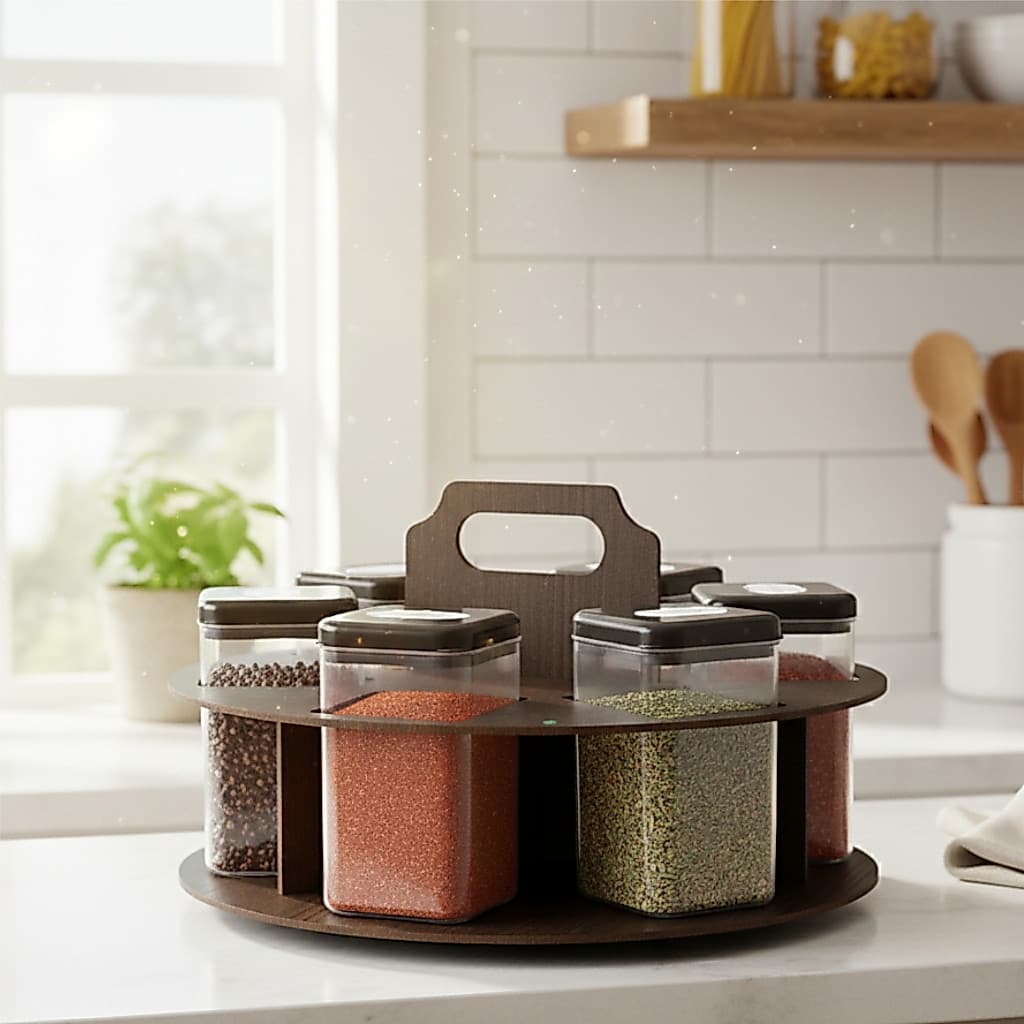 Porta Temperos redondo MDF para Mesa com 6 Potes para Condimentos e Mantimentos com alça decorado