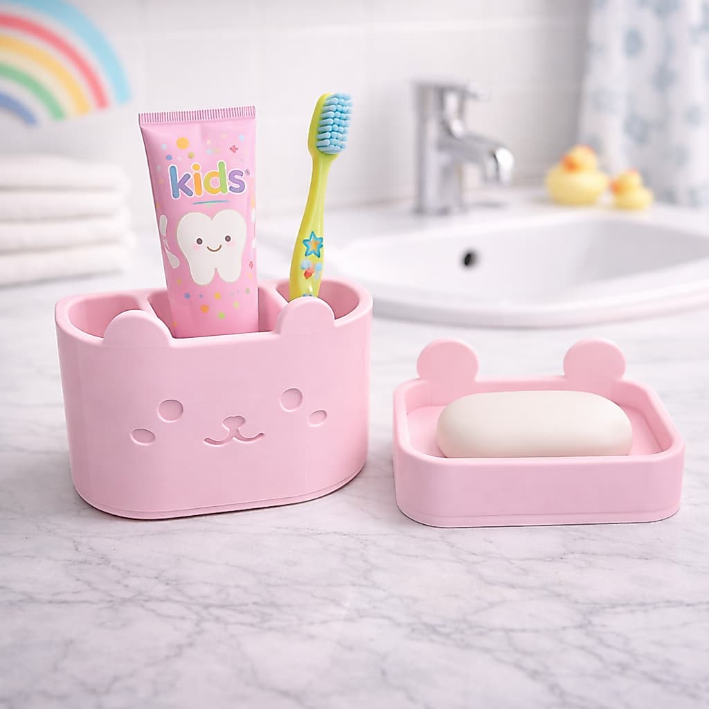 Kit Infantil Porta-Escova + Saboneteira Ursinho de Banheiro Infantil Decorativo e Funcional