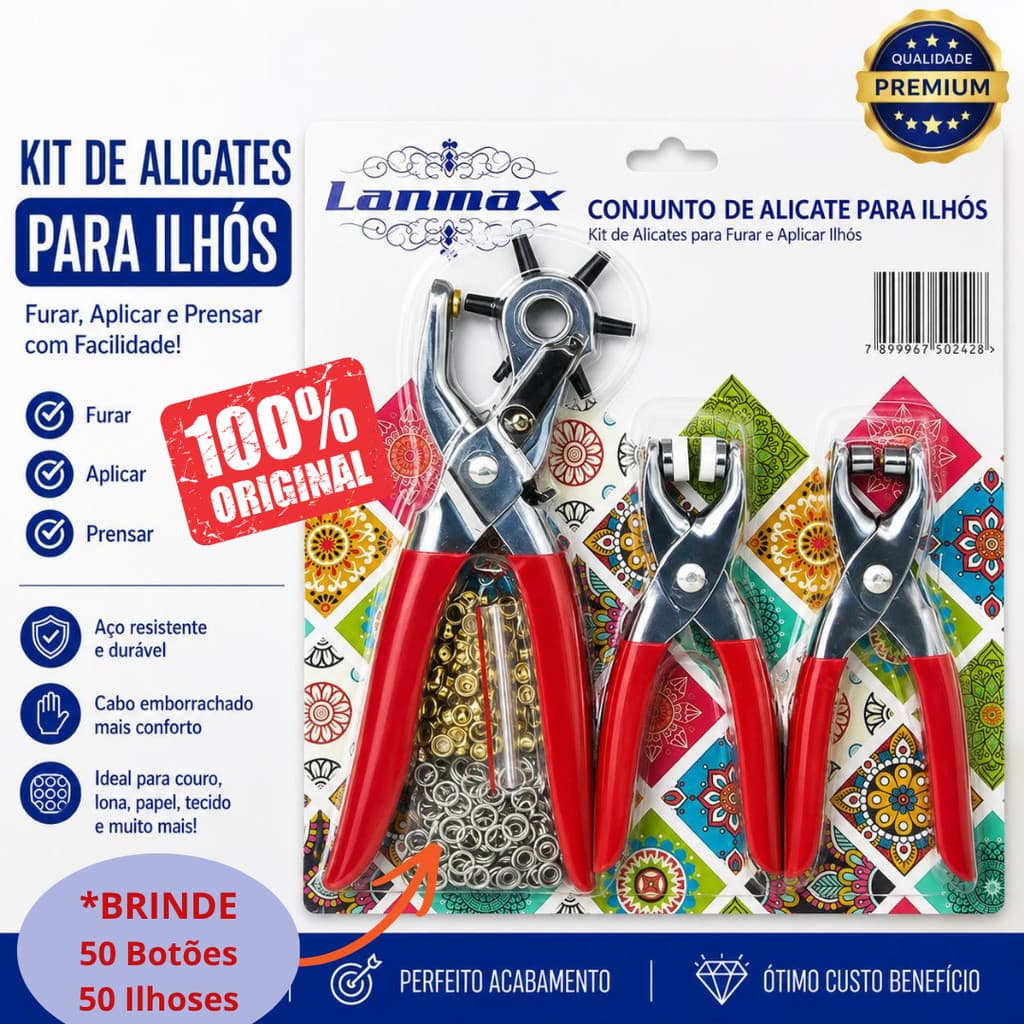 Kit Alicate Ilhós Completo Lamax Furador Aplicador Botão Tic Tac + 100 Peças Artesanato Profissional