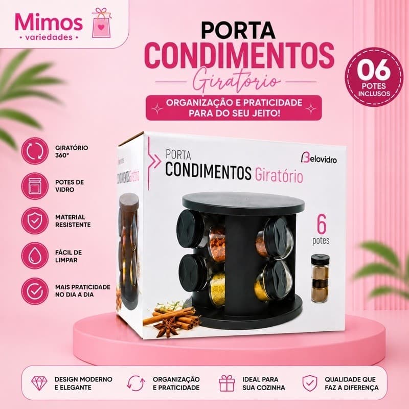 PORTA TEMPEROS CONDIMENTOS GIRATÓRIO COM 6 POTES DE VIDROS COM TAMPA E SUPORTE