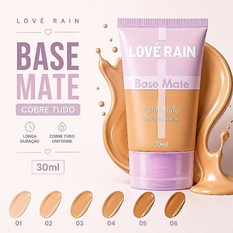 Base líquida Matte Alta cobertura A Prova d’água Love Rain Maquiagem Beleza