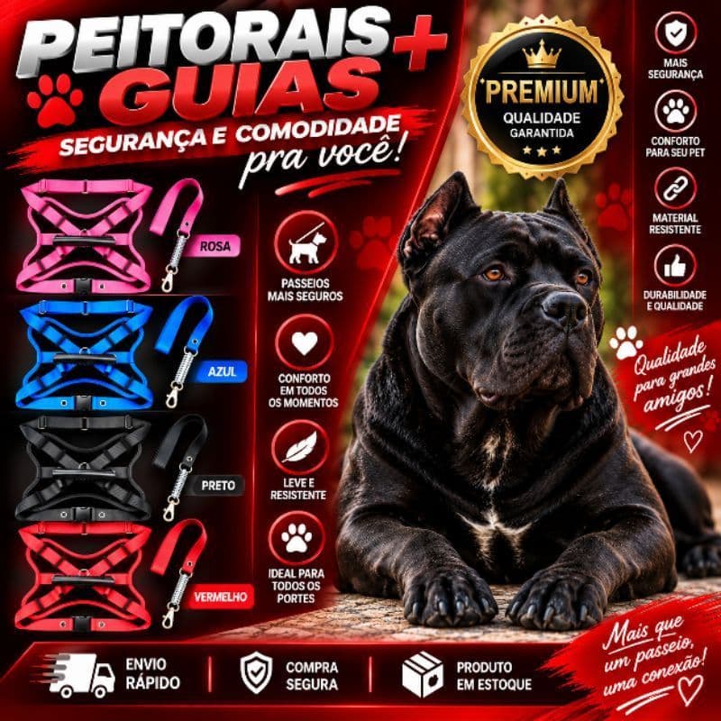 Coleira peitoral guia reforçado antipuxão pitbull pet rotwailler regulavel