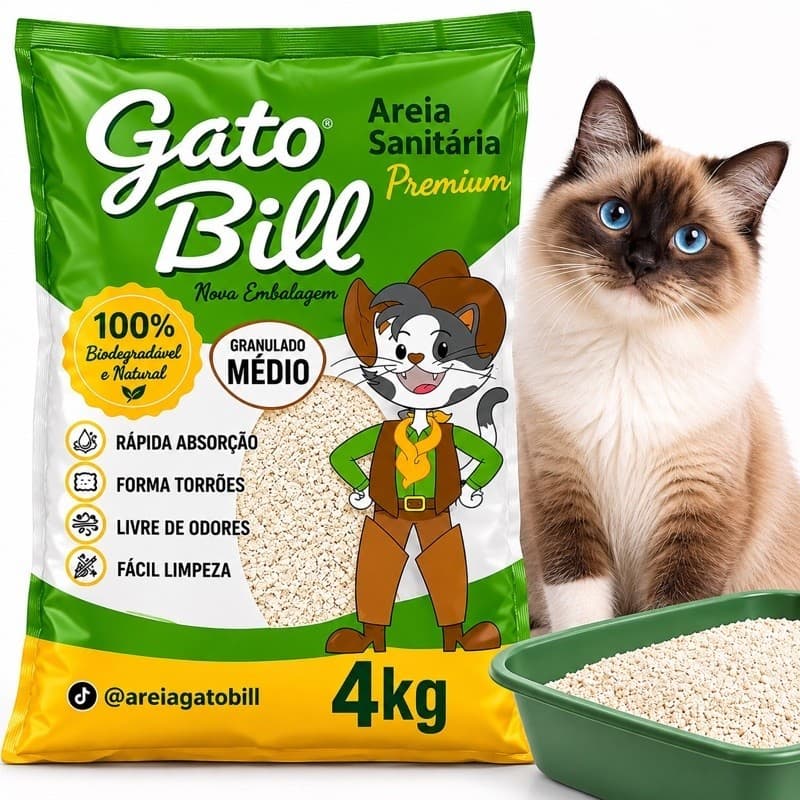 Areia Sanitária Gato Bill Fina 4kg Biodegradável Premium para Gatos