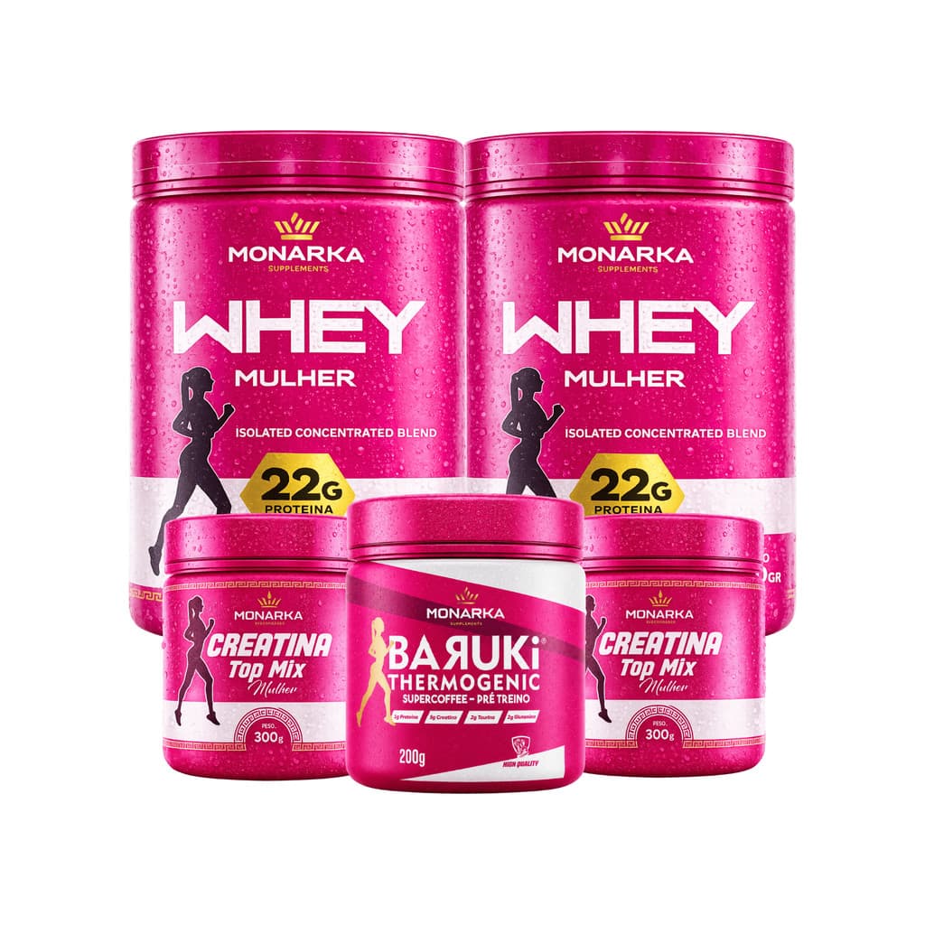 KIT 2x Whey Mulher Isolado + 2x Creatina Mulher + 1 Termogênico Pré-Treino - Suplemento Feminino