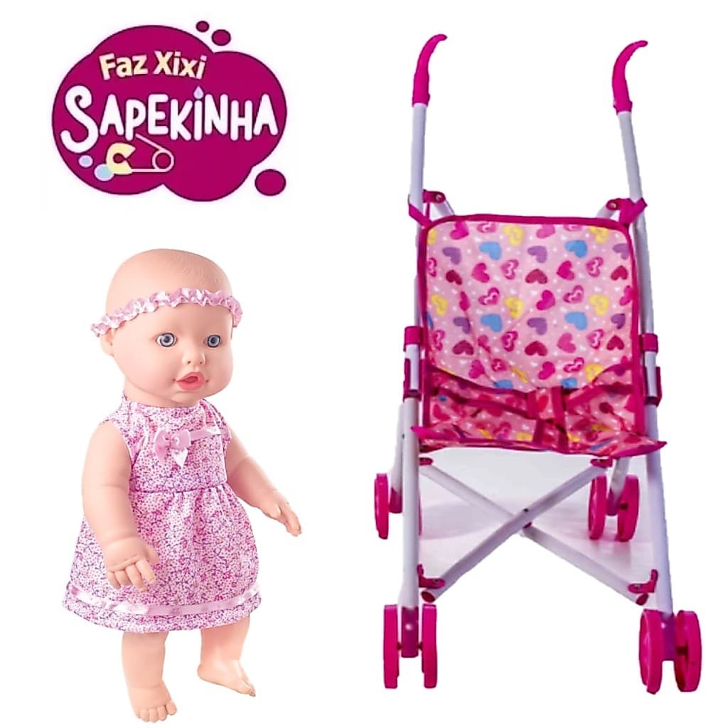 Kit Boneca Bebezão Faz Xixi Com Fralda Mamadeira Carrinho