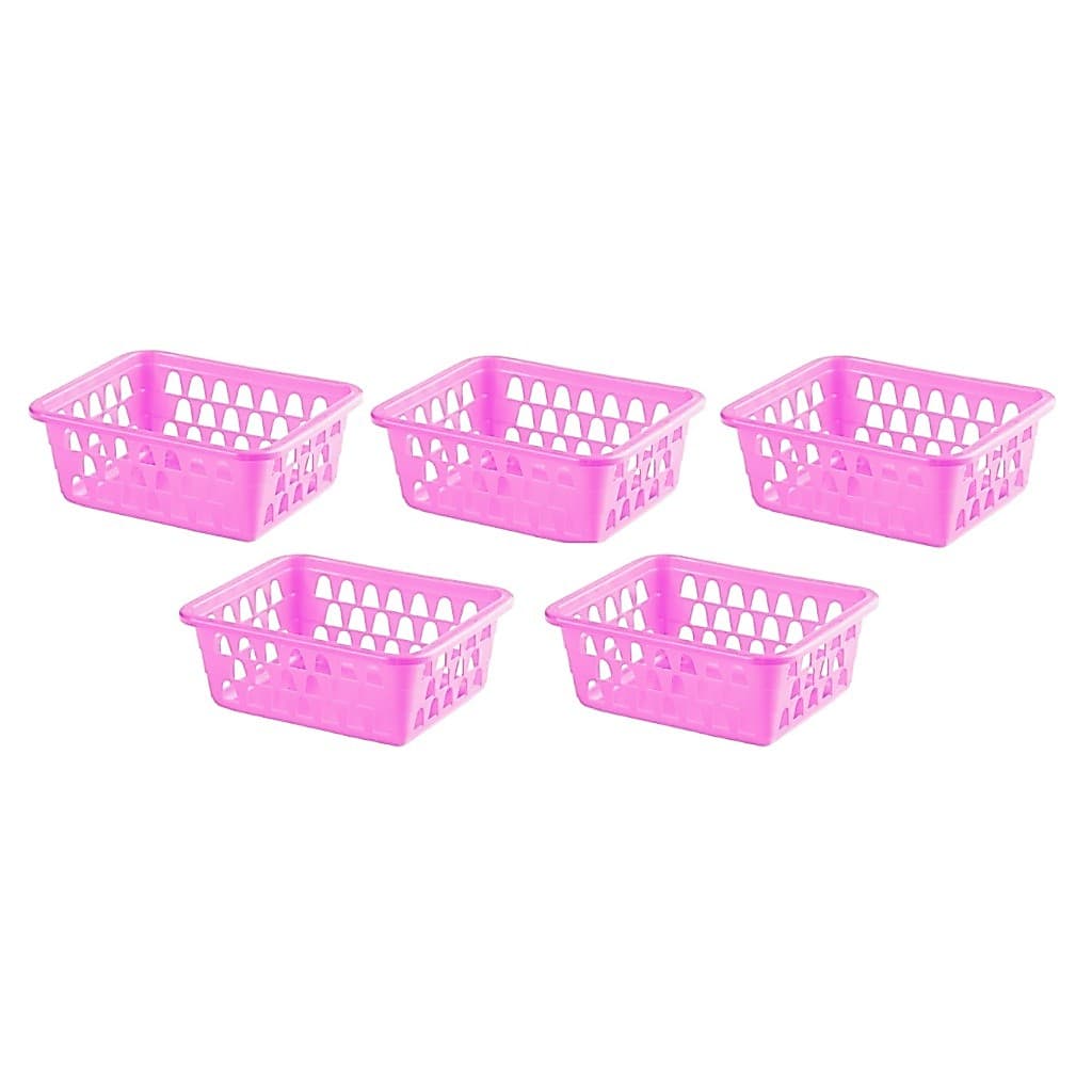 Cesto Plastico Organizador Rosa Kit 5 Multiuso Casa Quarto Banheiro Retangular Pratico 16x12x6