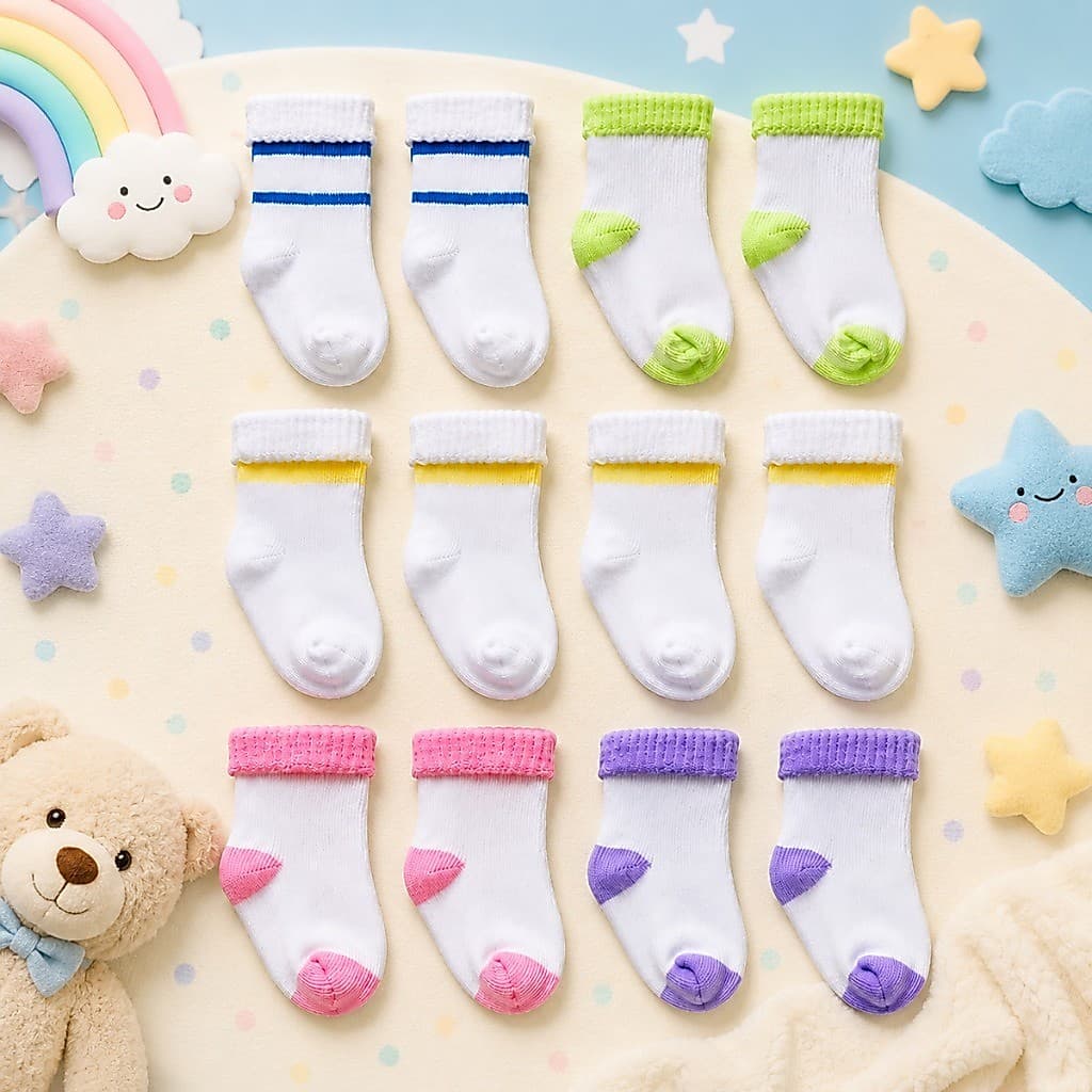 Kit 12 Pares Meias Bebê Recém Nascido Enxoval Baby Infantil (0-12 meses RN) Menino Menina (03 e 06 Pares)