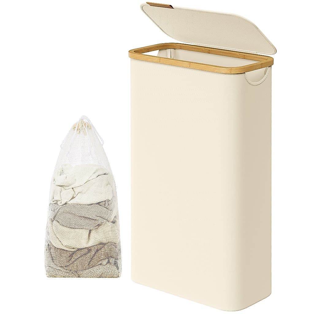 SONGMICS Cesto de roupa suja dobrável, organizador de lavanderia com tampa, alça de bambu, tecido Oxford, banheiro, 65L