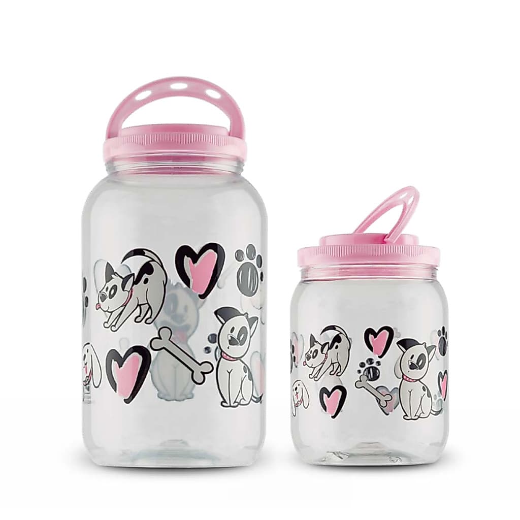 Kit 2 Potes Ração 3,6L Petisco 1,7L Rosa Fêmea Armazenador Porta Guarda Ração Petisco Com Alça Gato Cachorro Contêiner