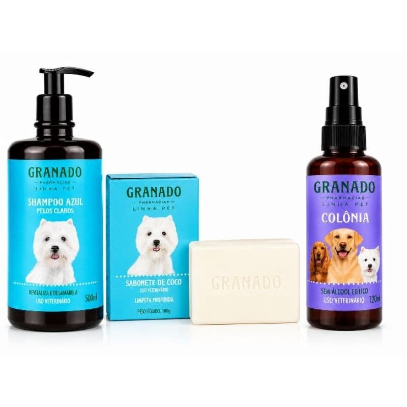 Kit Granado Linha Pet para Pet Pele Clara Shampoo Azul 500ml Sabonete de Coco 100g e Colônia 120ml