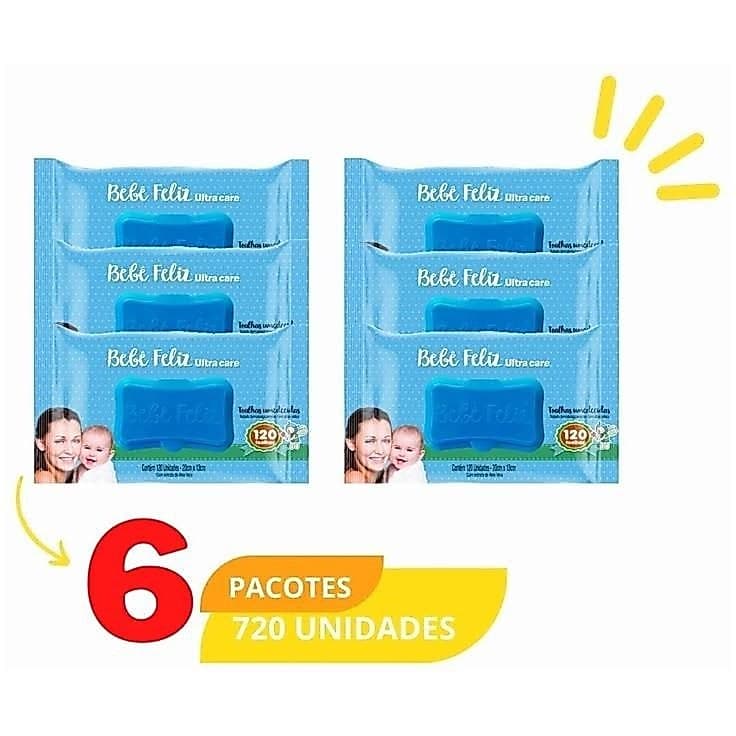 Kit C/ 6 Pacotes de Lenços/Toalhas Umedecidos Bebê | Feliz Ultra Care - Com Tampinha 120 Unidades cd