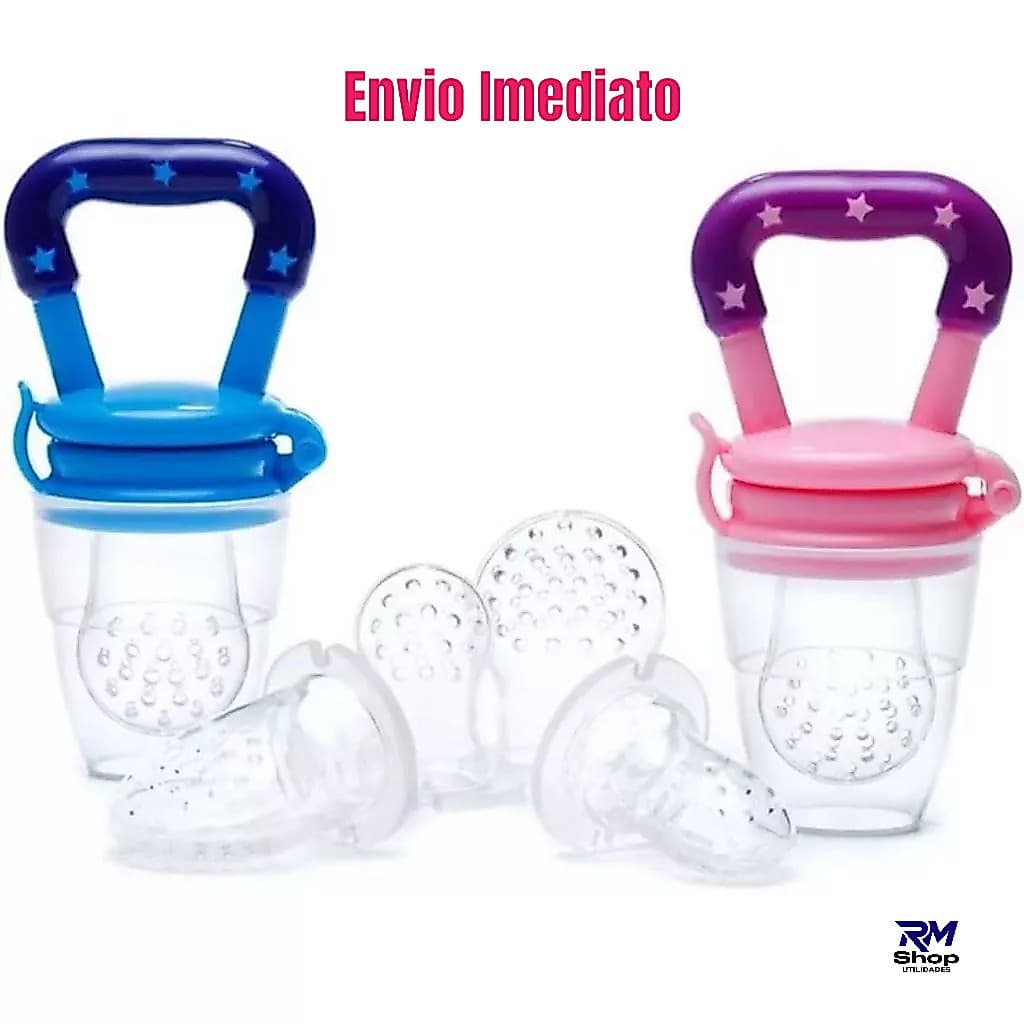 Chupeta Mordedor Alimentadora Bebê De Silicone Com Porta Fruta Azul e Rosa