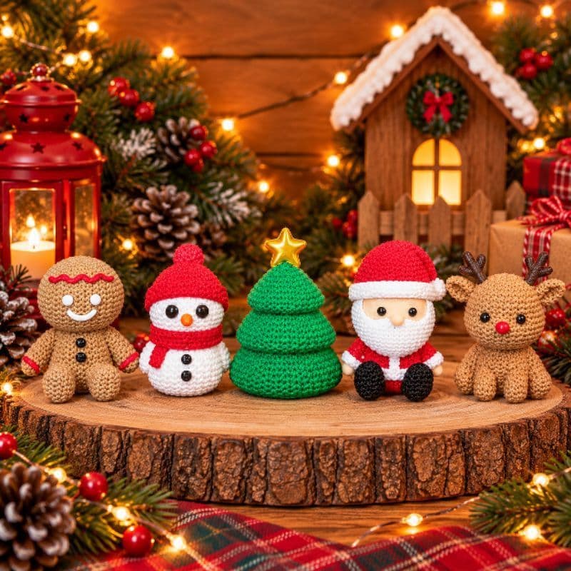 Kit Decoração de Natal 5 Peças Amigurumi/Crochê – Papai Noel, Boneco de Neve, Rena, Árvore 3D - Com e Sem Sacola