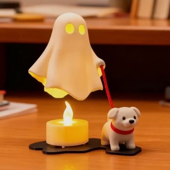 Luminária Fantasma Passeando com Cachorro Decoração Halloween Mini Luminária LED + Vela LED Inc | Enfeite Fofo Geek