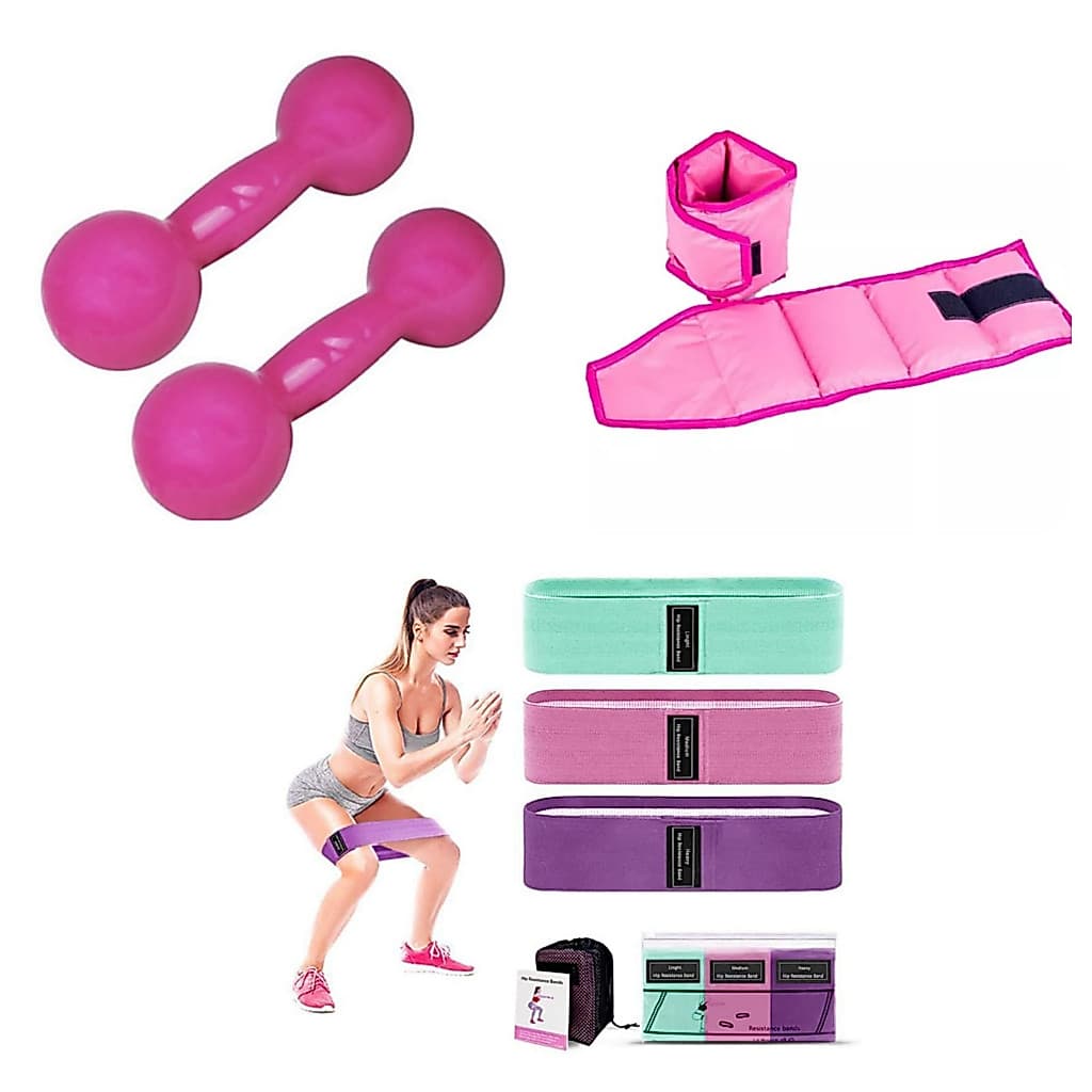 Kit  Rosa Musculação Academia Halter Emborrachado 2 kg + Caneleira 2 kg + Kit Theraband Reforçado