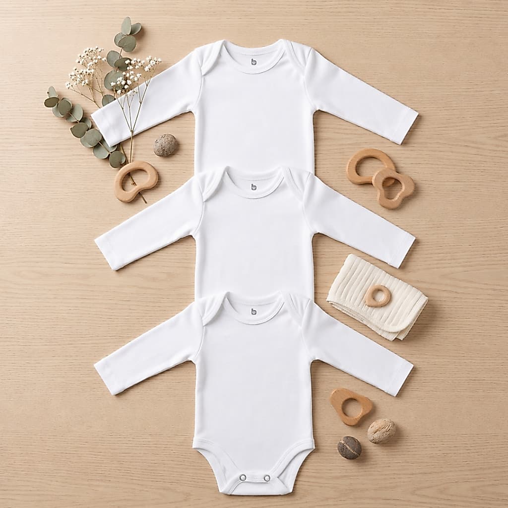 Kit 3 Body de Bebê Inverno Frio Enxoval Suedine Branco e Off-white RN a 1 ano 100% Aldogão.
