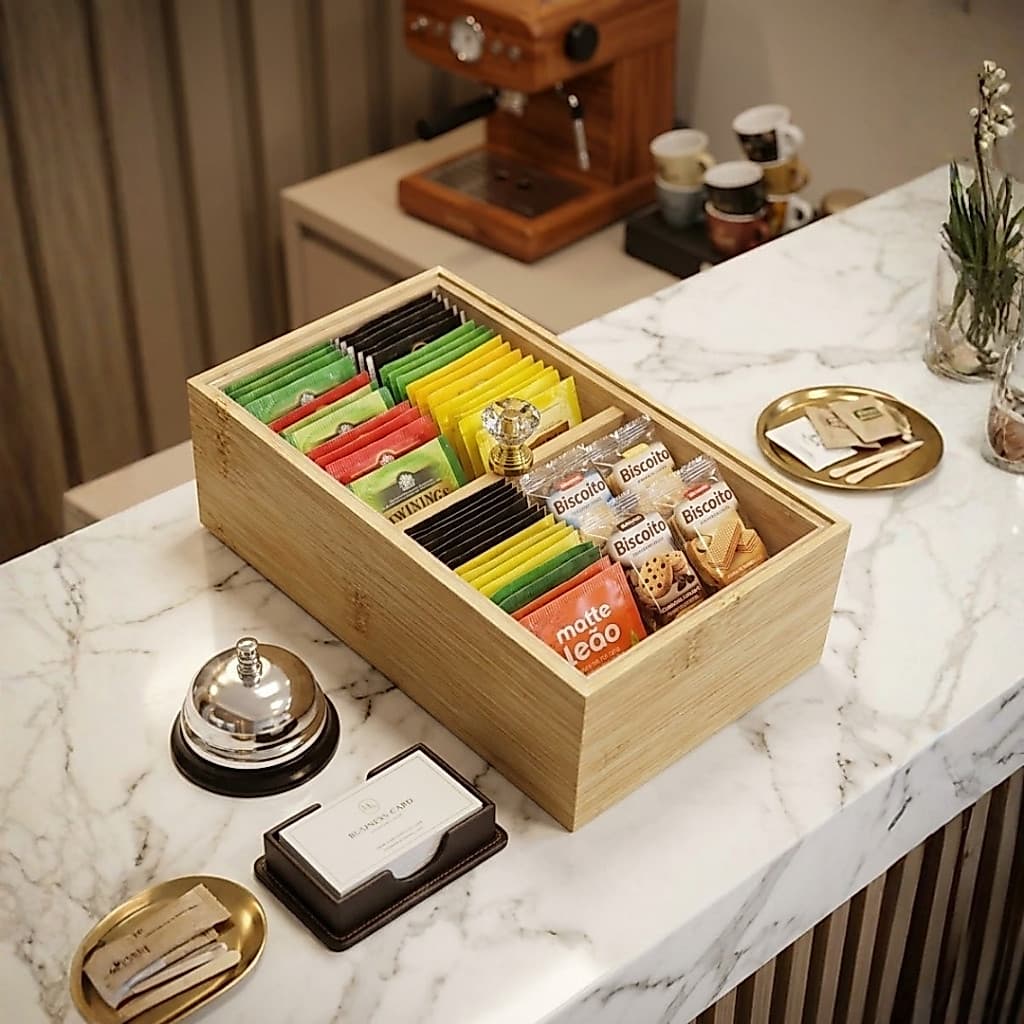 Porta Chá Organizador de Bambu com Tampa Cristal Multiuso Divisórias Café Chás Mesa Posta