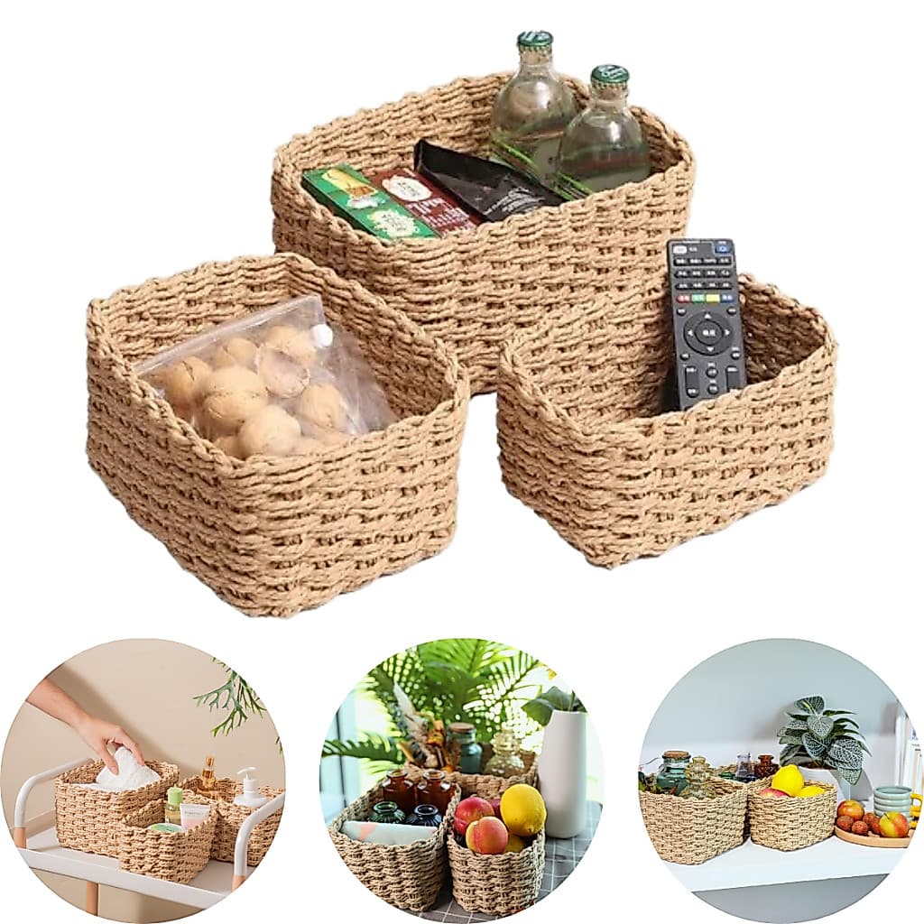 Kit 3 Cestos Organizadores Decorativo Multiuso Palha Natural Cozinha Bancada Pia Banheiro