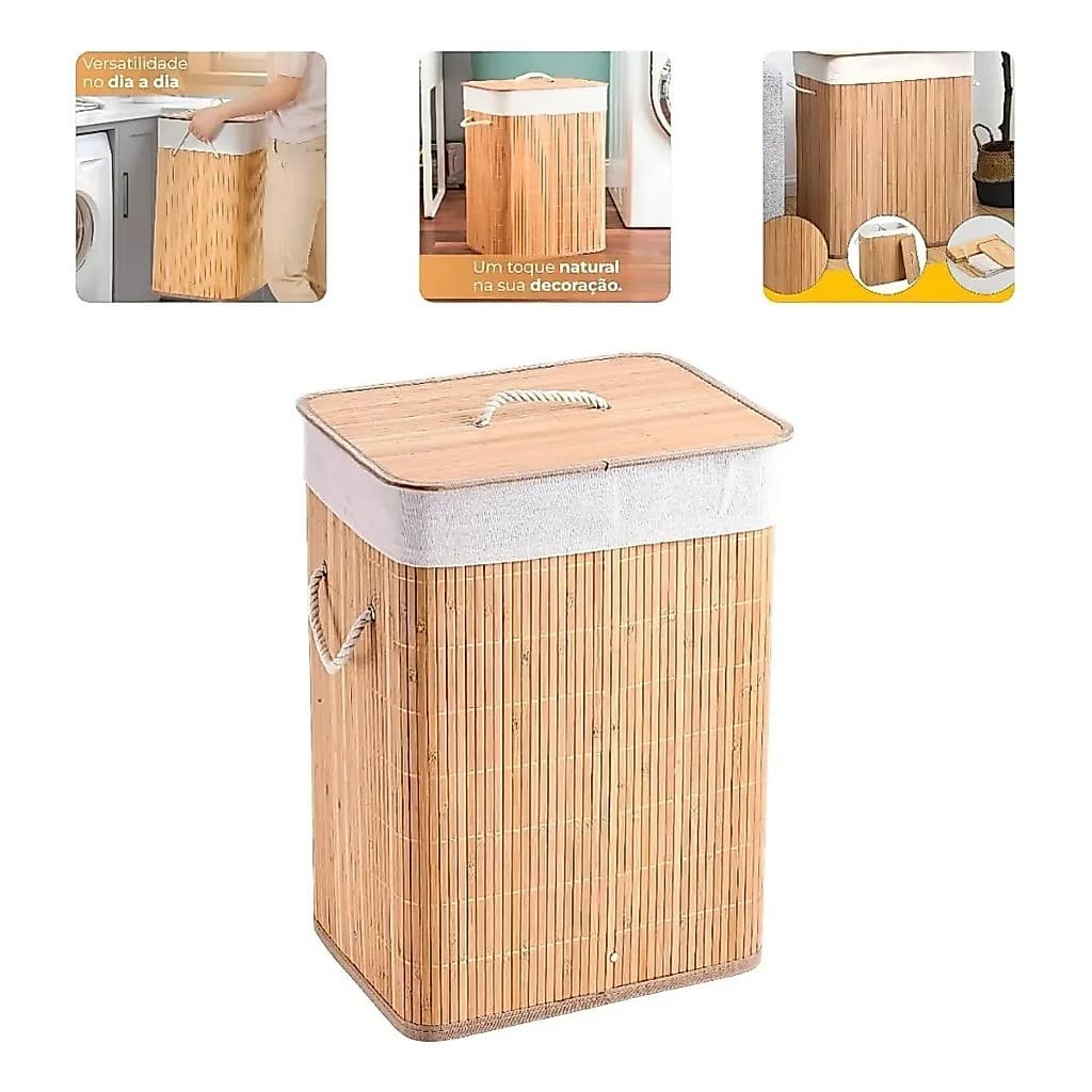 Cesto de Roupa Bambu com Tampa 70L Organizador Banheiro Lavabo Quarto