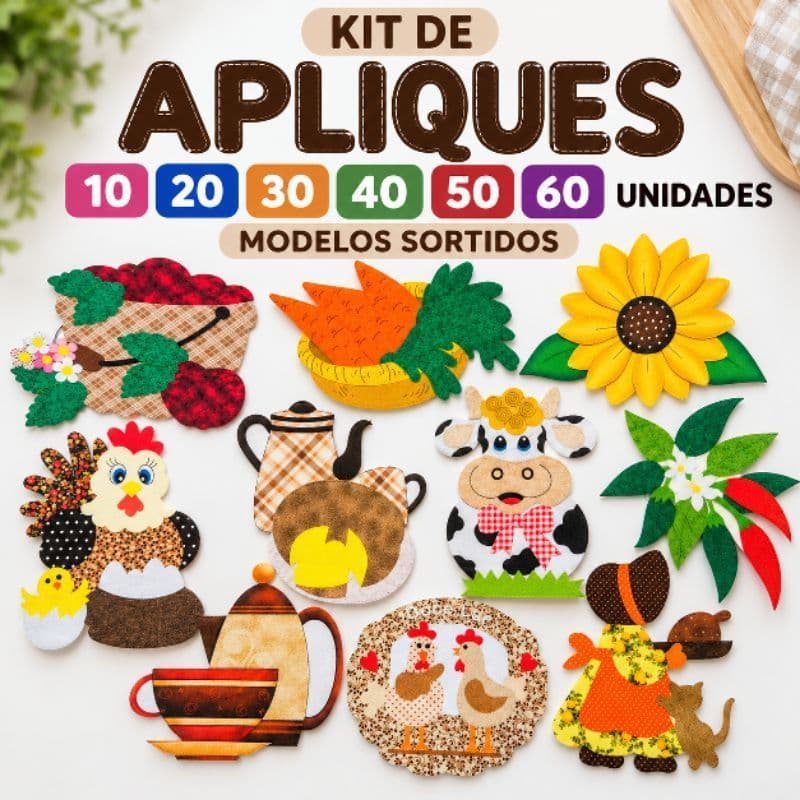 Kit Apliques Patchwork 10 a 60 Unidades  Apliques em Tecido para Artesanato e Costura