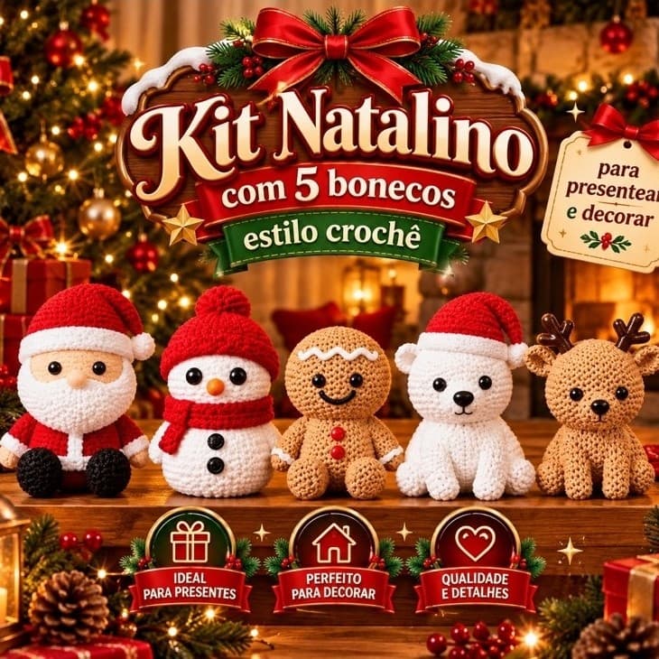 Kit Natalino 5 Bonecos Estilo Crochê Amigurumi Decoração de Natal 7cm em 3D