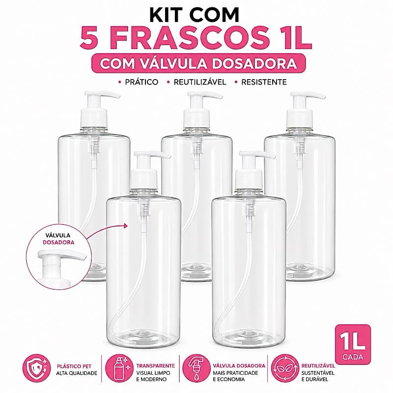 Frasco Pet 1L Com Válvula Kit com 2/5un Para Shampoo Hidratantes Detergentes