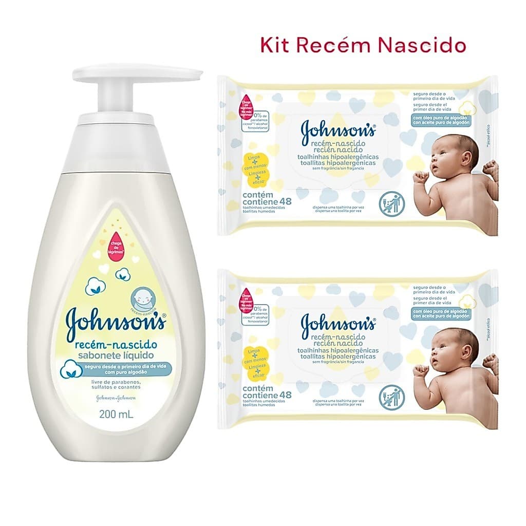 Kit Recém Nascido 02 Lenços Umedecidos com 48 unidades  + 01 Sabonete Líquido 200ml Johnsons Baby