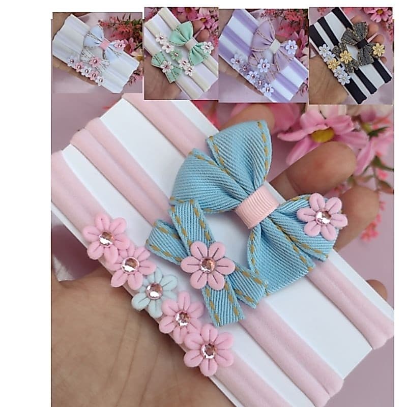 Kit Laços 3 Faixinhas Jeans na meia de seda tiara para bebê menina/Kit maternidade RN enxoval com Florzinhas