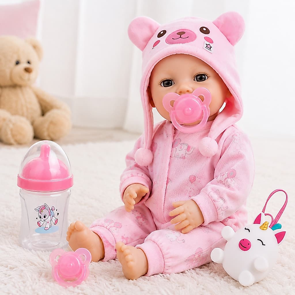 Boneca De Pijama New Born Brincando De Pijama Menina Abre E Fecha O Olho Com Acessórios 40CM