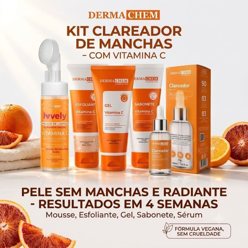 Kit Clareador De Manchas Vitamina C com  5 Peças Facial Sérum Sabonete Gel Esfoliante Mousse Limpeza.