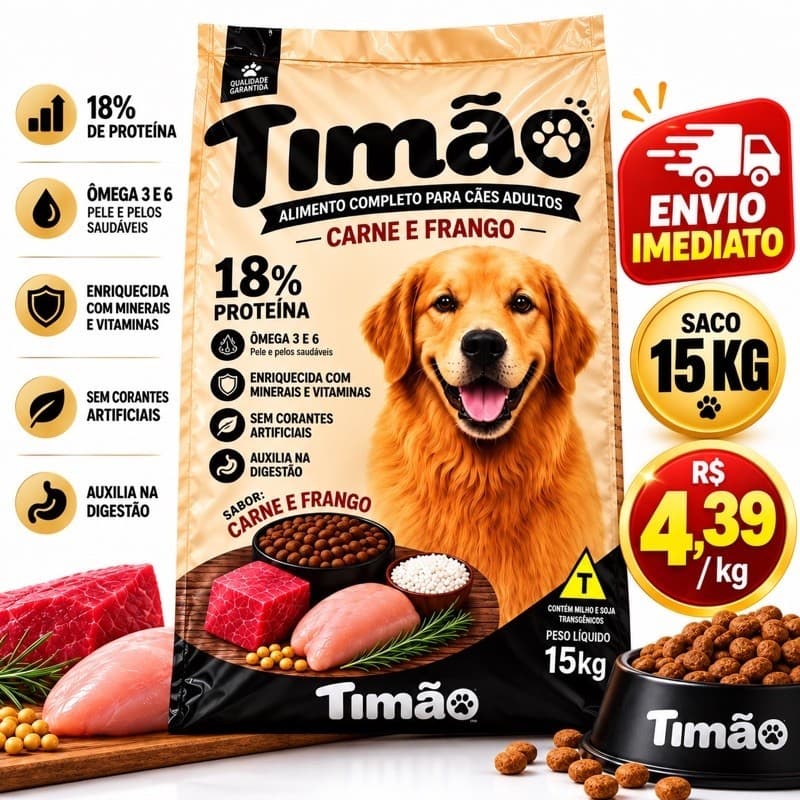 Ração para Cachorro Adulto 15kg Timao Sabor Carne e Frango – Nutrição Completa, Vitaminas e Minerais