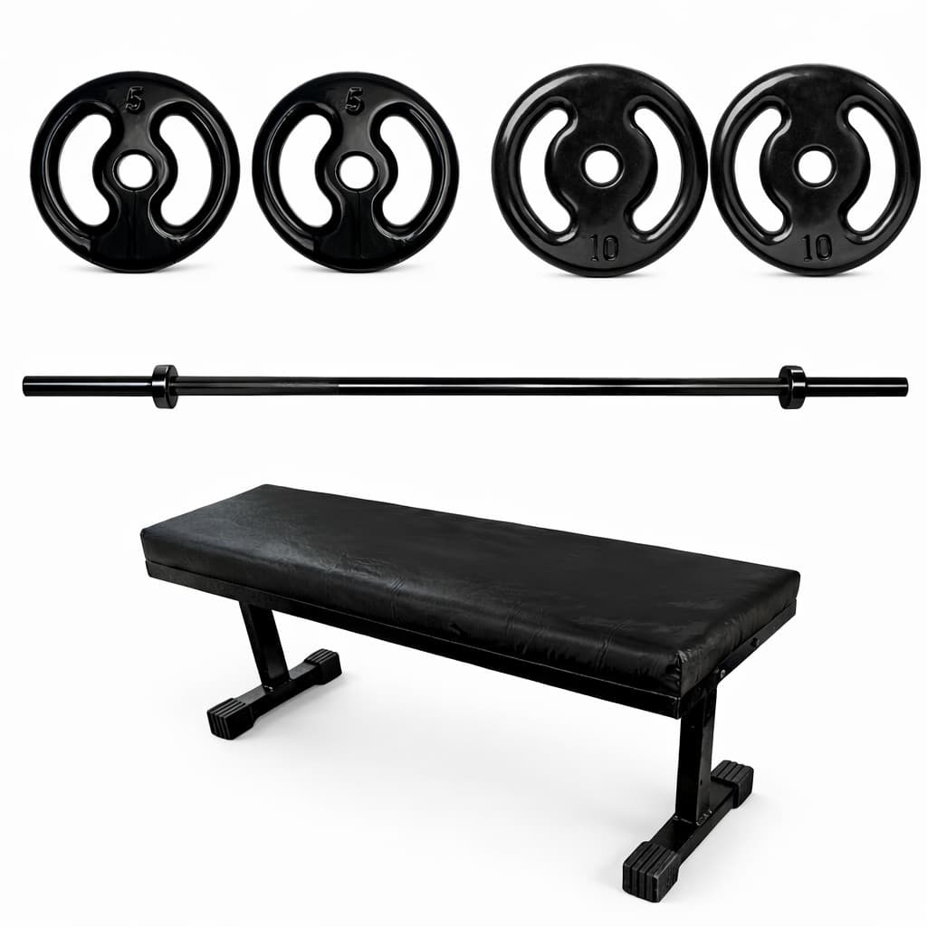 KIT BANCO BARRA 1,2M 2 ANILHAS DE 10KG E 2 ANILHAS DE 5KG PARA MUSCULACAO TREINO FORCA ACADEMIA COMPLETO PROFISSIONAL