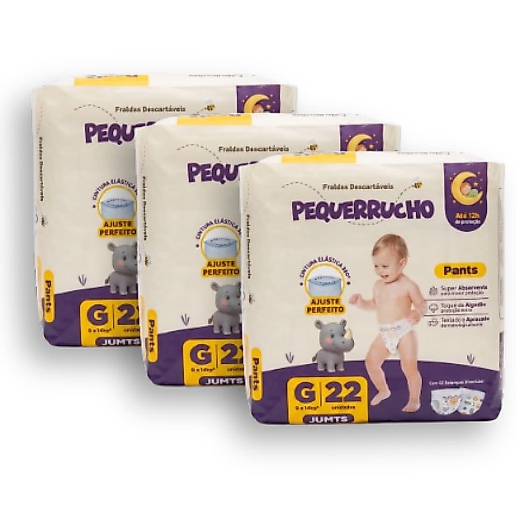 Kit 3 Fralda Descartável Pequerrucho Pants Toque Macio Hipoalergênico - Tamanho G - 66 Unidades
