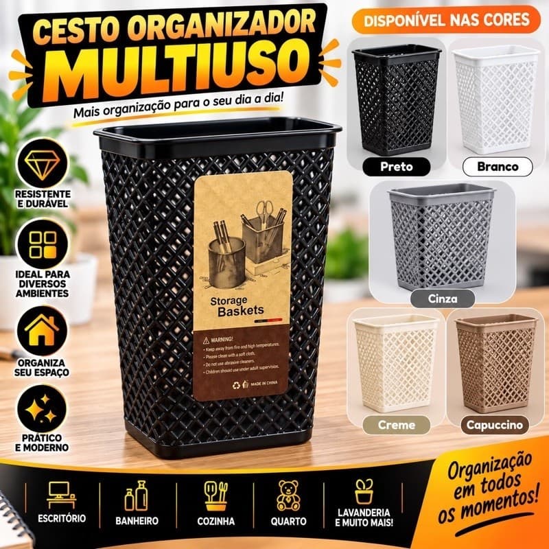 Cesto Organizador Multiuso Porta Objetos Plástico para Escritório Banheiro e Cozinha