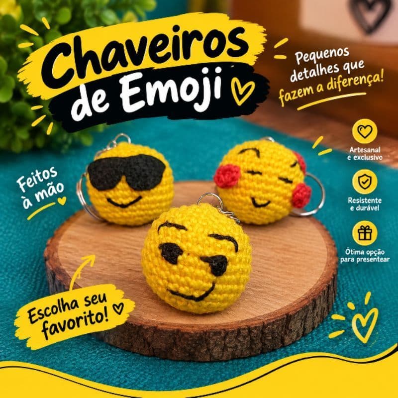 Kit Chaveiro de Emoji Amigurumi Crochê Lembrancinha Feito à Mão (Opções 3, 6 ou 9 Unidades