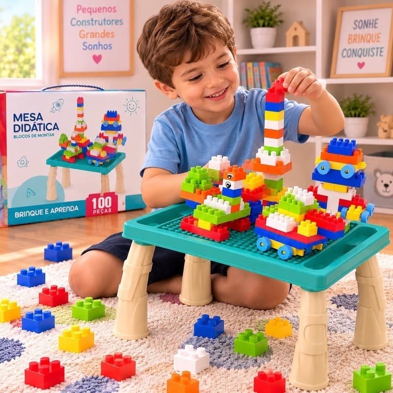 Mesa Didática Blocos de Montar 100 Peças Brinquedo Infantil Mesa de Montar brinquedo infantil educativo