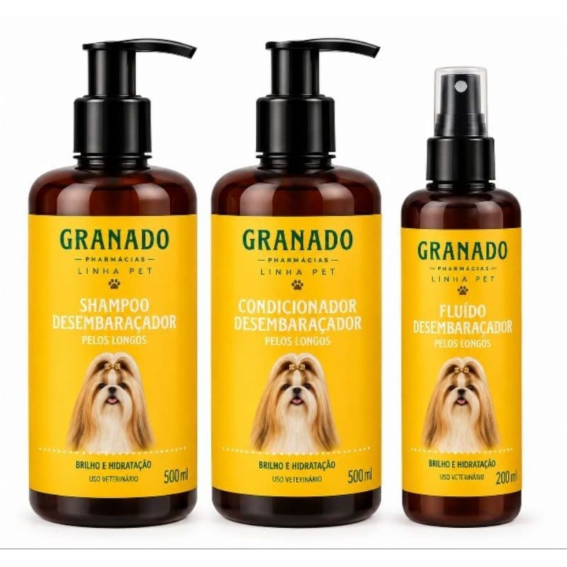Kit Granado Pet para Pelos Longos – Shampoo + Condicionador + Fluído Desembaraçador