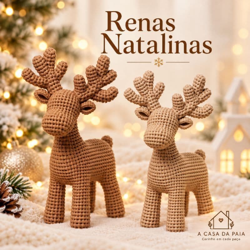 kit 2 Rena Natalina Decorativa Estilo Amigurumi Croche | Enfeite de Natal Mesa Estante Decoração dupla
